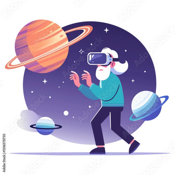Obraz Oldman exploring virtual universe via VR, Virtual reality education