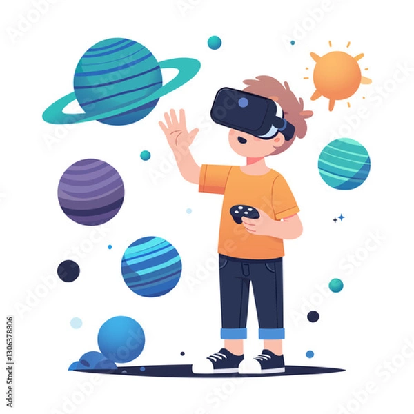 Obraz Boy exploring virtual universe via VR, Virtual reality education for kids