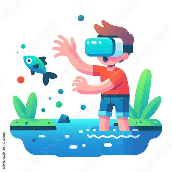 Obraz Boy exploring virtual universe via VR, Virtual reality education for kids
