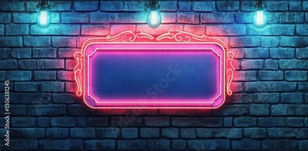 Fototapeta Vintage retro neon sign on a dark blue brick wall background with blank space for text, theater marquee, cinema, and show concept illustration