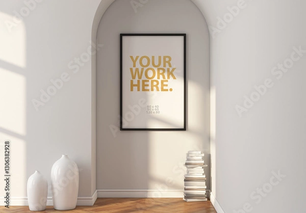 Fototapeta Vertical poster with black frame mockup hanging on wall