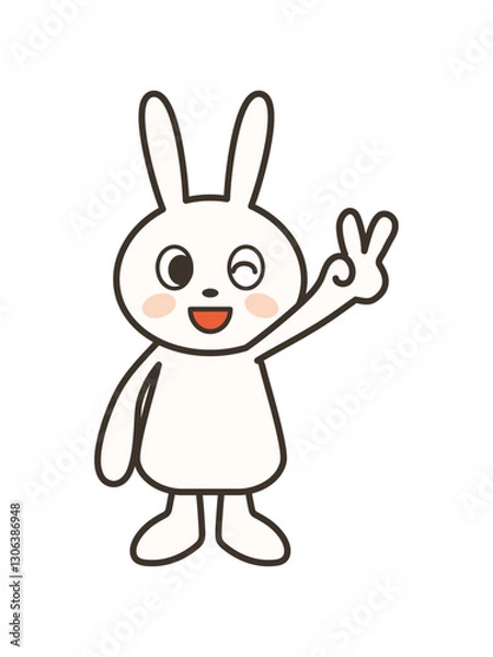 Fototapeta 笑顔でピースサインをするかわいいうさぎの全身イラスト