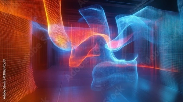 Obraz Glowing particle streams flow in dark room with grid background