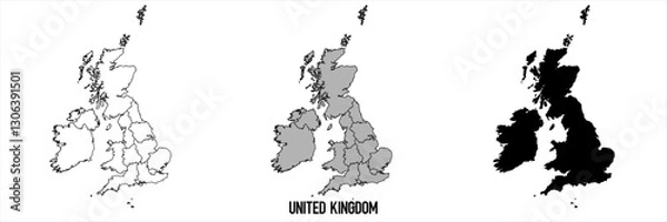Fototapeta United Kingdom - set of black, solid black, grey outline border map of country area. Simple flat vector illustration.