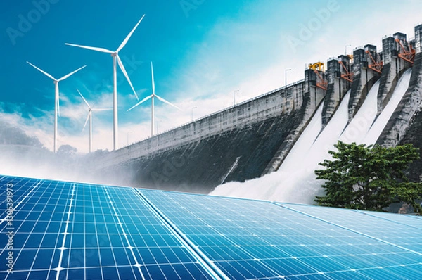 Fototapeta Wind power station with turbines and solar panels by a river, dam, and waterfall in a scenic landscape with mountains and a bridge