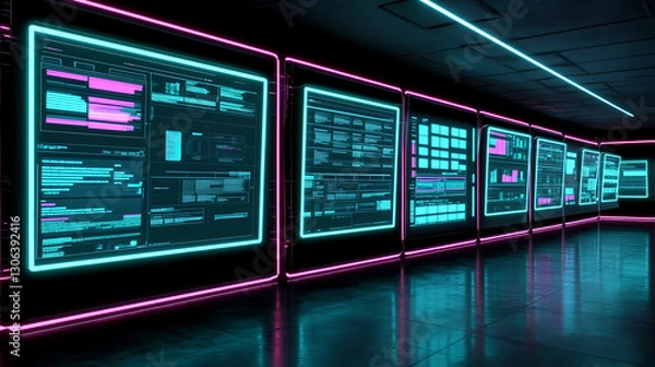 Obraz Analyzing data visualization techniques modern office space digital displays high-tech environment wide angle data interpretation