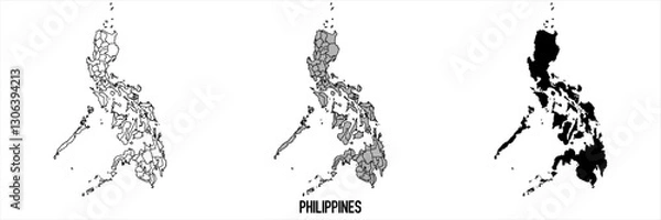 Fototapeta Philippines - set of black, solid black, grey outline border map of country area. Simple flat vector illustration.