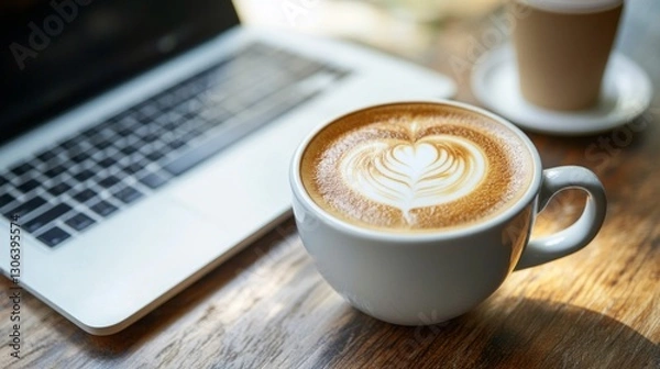 Fototapeta A beautifully crafted latte with intricate heart-shaped art sits on a rustic wooden table. Nearby, a laptop suggests a warm atmosphere ideal for productivity and comfort