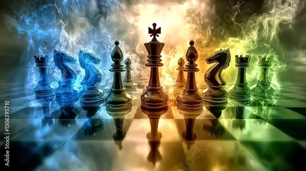 Fototapeta Epic chess battle strategy showdown fantasy realm digital art colorful atmosphere front view intense competition