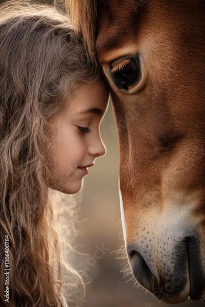 Fototapeta A beautiful bond between a little girl and a horse as they touch foreheads in an emotional connection.

