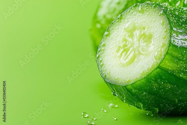 Fototapeta A striking cucumber, covered in glistening water droplets, rests on a light green surface. The macro focus highlights its fresh texture and vivid color, invoking a sense of vitality