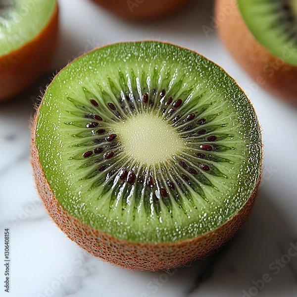 Fototapeta A whole green kiwi is beautifully halved to reveal its luscious green pulp and delicate black seeds. The clean edges contrast vividly with the white backdrop, highlighting the fruit's natural charm