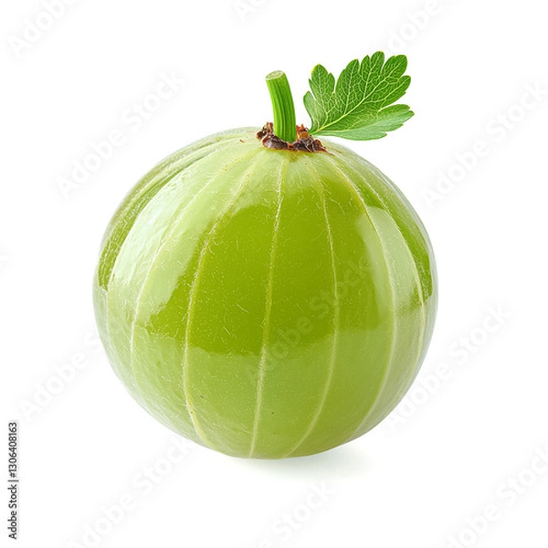 Fototapeta A whole green gooseberry showcases its smooth, glossy skin and distinctive ribbed texture, resting on a pristine white background