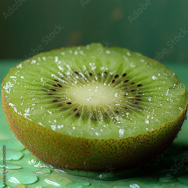 Fototapeta Bright green kiwi half reveals its juicy, textured flesh and tiny black seeds, radiating freshness. Ideal for healthy dishes or vibrant desserts, inviting taste exploration with each bite