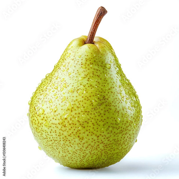 Fototapeta A whole green pear stands prominently, covered in refreshing droplets that enhance its vibrant color