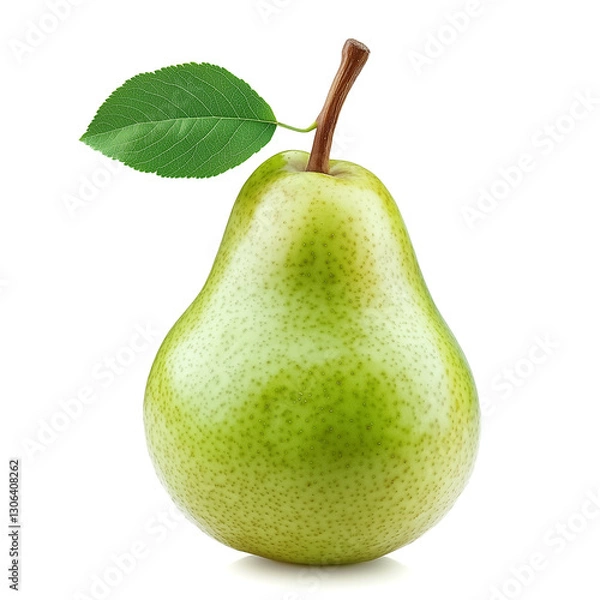 Fototapeta A fresh green pear rests on a clean white background, highlighting its smooth skin, perfect shape, and a single leaf