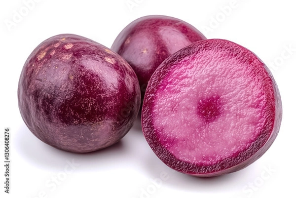 Fototapeta Three whole red radishes are displayed against a pristine white background, highlighting their smooth texture and deep color. Perfect for showcasing healthy eating