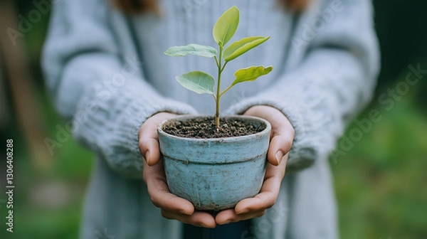 Fototapeta person with hope holds small plant growing from pot, symbolizing new beginnings and growth, nurtured with care