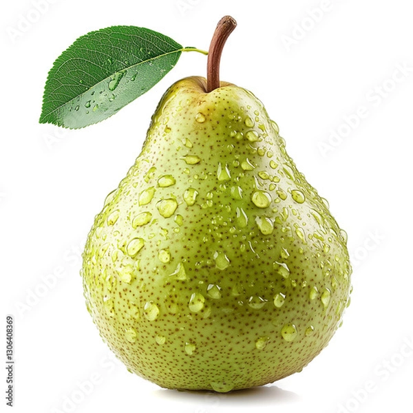 Fototapeta Vibrant whole green pear sits against a clean, white backdrop. The smooth skin glimmers with water droplets, highlighting its freshness and natural allure, while a single leaf adds charm