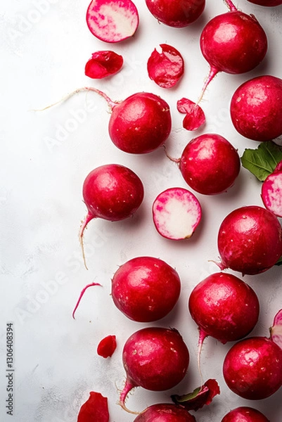 Fototapeta Bright and inviting whole red radishes display their vibrant red skins alongside clean edges