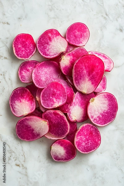 Fototapeta Vibrant red radish slices are elegantly spread on a pristine white surface, showcasing their rich color and smooth texture, ideal for fresh dishes and creative culinary presentations