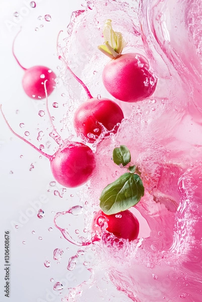 Fototapeta Whole red radishes burst forth, surrounded by splashes of water that create a dynamic and fresh atmosphere. The clean white background enhances the vivid colors and crispness of the radishes