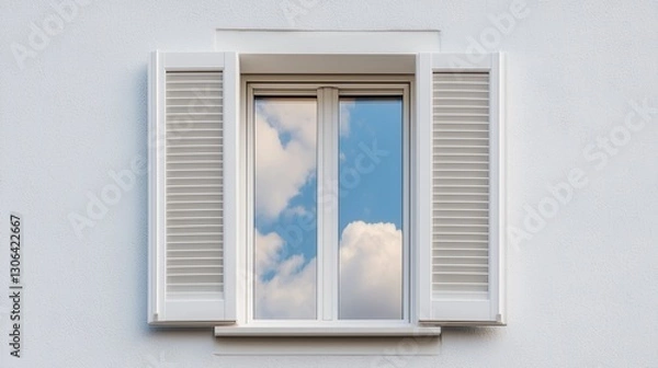 Fototapeta White Window with Shutters Reflecting Blue Sky and Clouds