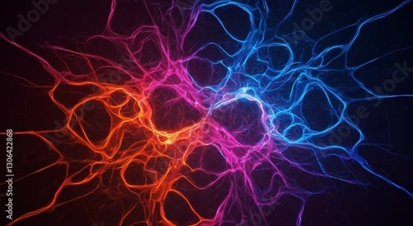 Fototapeta Vibrant Energy Web: A dynamic network of energy pulses with neon hues of electric blue, radiant pink, and fiery orange, set against a dark backdrop, evoking concepts of connectivity and innovation.