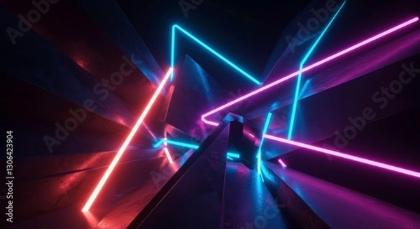 Obraz Neon Geometry: Dive into an abstract world of vibrant neon lights forming geometric shapes in a dark space, a modern display of futuristic art. 