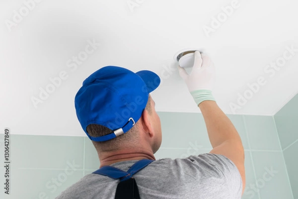 Fototapeta A worker in overalls installs a lamp on the suspended ceiling in the bathroom, rear view