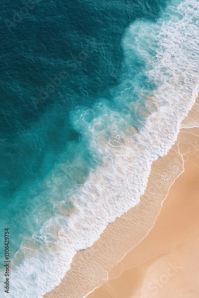 Fototapeta A breathtaking aerial view of the turquoise ocean waves gently rolling onto a pristine sandy beach.
