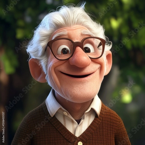 Fototapeta A GENERATIVE 3D ANIMATED PORTRAIT OF A CHEERFUL ELDERLY MAN WITH GLASSES
