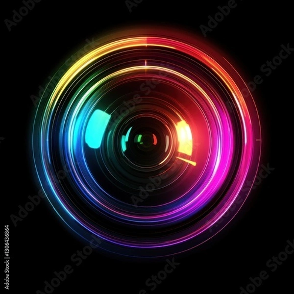 Fototapeta Vibrant colorful camera lens with glowing rainbow rings on black background.