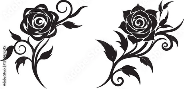 Fototapeta Floral vector design with ornate black swirls and leaf elements , Tribal Rose Tattoo Design, Black and White Vector with Swirling Vine Patterns on White Background.