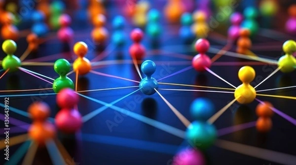 Fototapeta Colorful network of connected spheres representing communication and diversity