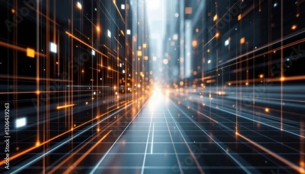 Fototapeta Futuristic digital grid with glowing orange and white lights in abstract corridor