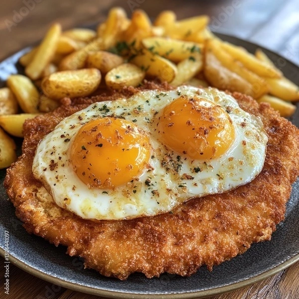 Fototapeta GIANT MILANESA WITH TWO FRIED EGGS ON TOP AND CRISPY POTATOES ON THE SIDE