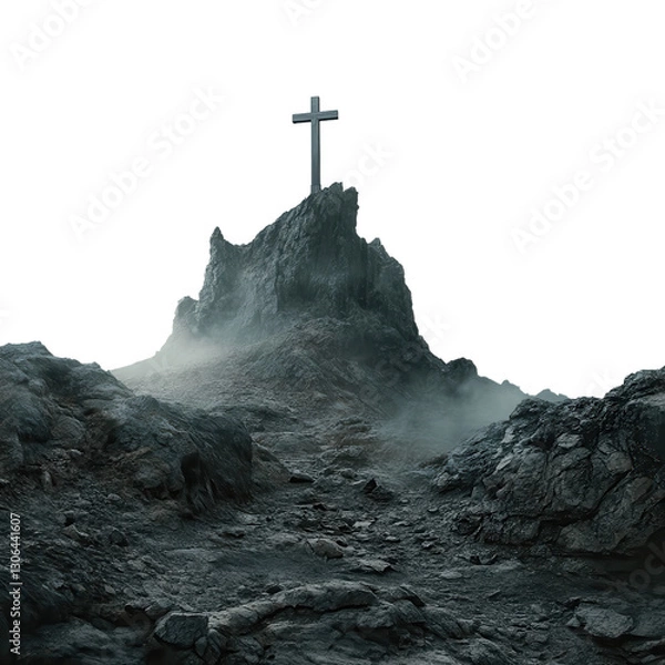Fototapeta Sacred Ascent: A solitary cross stands atop a rugged mountain peak, shrouded in mist, symbolizing faith, spirituality, and hope. The monochrome palette enhances the scene's solemnity.