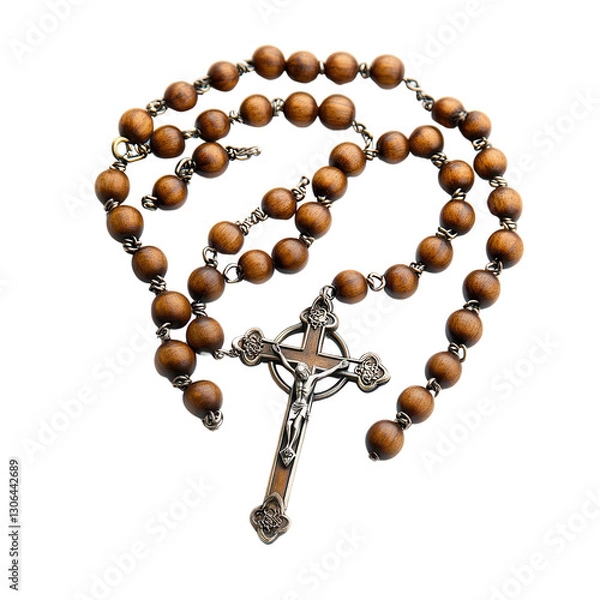 Fototapeta Symbol of Faith: A detailed studio shot captures a wooden rosary, its beads and crucifix gleaming against the backdrop, evoking themes of spirituality and devotion.