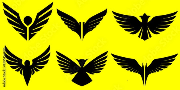 Fototapeta Six black winged-emblems on a bright yellow background, showcasing various abstract bird-like designs.