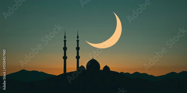 Obraz Silhouette of mosque with crescent moon at sunset, Ramadan theme