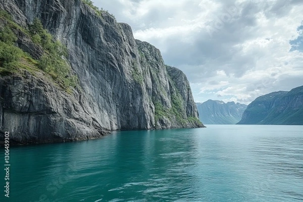 Fototapeta fjord with steep cliffs, weathered by time, complemented by calm aquamarine waters