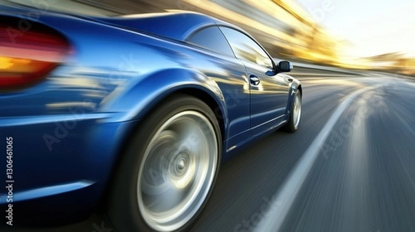 Fototapeta High-Speed Blue Sports Car Racing on Urban Road with Motion Blur Captured During Sunset or Sunrise for Dynamic Automotive Advertisement