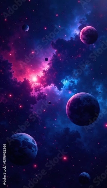 Fototapeta Dark space with neon stars and planets shining brightly, planets, colorful, space