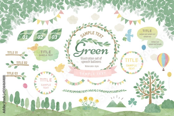 Obraz 緑の葉っぱや木、春の新緑の水彩風イラストフレームセット