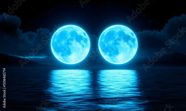 Fototapeta Illuminated Dual Moons Reflecting on Calm Ocean Waters at Night