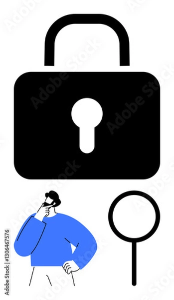 Fototapeta Large lock and magnifying glass highlight security and analysis themes. Pensive man suggests online protection, investigation, data privacy. Ideal for cybersecurity, privacy, analysis, research, IT