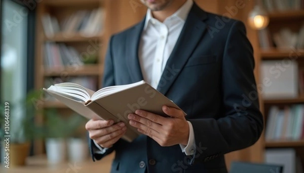 Fototapeta Man in suit reads book. Businessman holds open book in library. Concept for employee training, exam preparation, reading study material. Focus on self-education, professional expertise improvement.