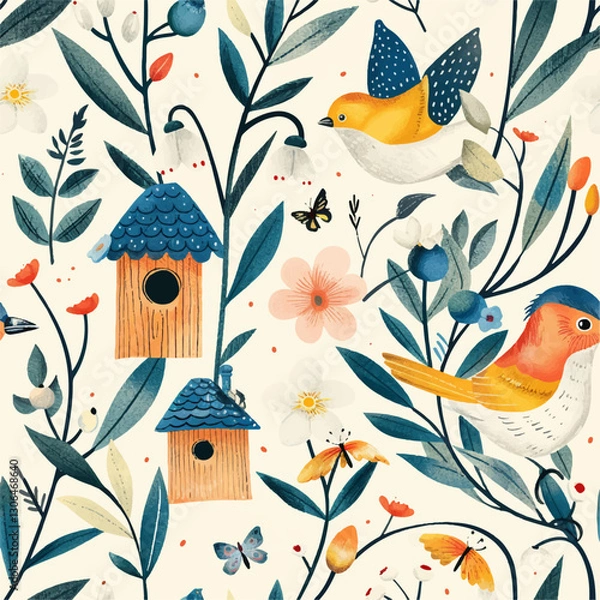 Fototapeta Spring seamless pattern birds, flowers, butterflies and grass on a light background