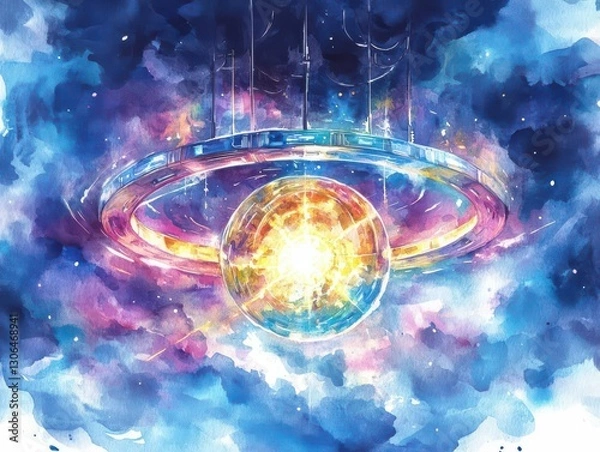 Fototapeta Design a surreal, otherworldly power source radiating energy, suspended in zero gravity, gleaming with advanced technology, watercolor dreaminess